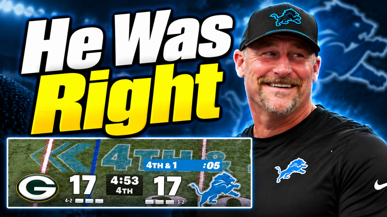 Dan Campbell beside the Lions–Packers fourth-and-one game situation with the words He Was Right