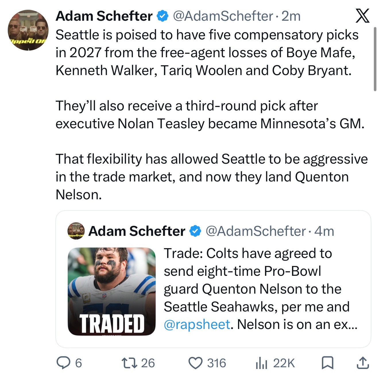 Adam Schefter’s follow-up discussing Seattle’s projected compensatory picks and the Quenton Nelson report