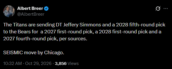 Albert Breer's October 29 report detailing the Jeffery Simmons trade and draft-pick return